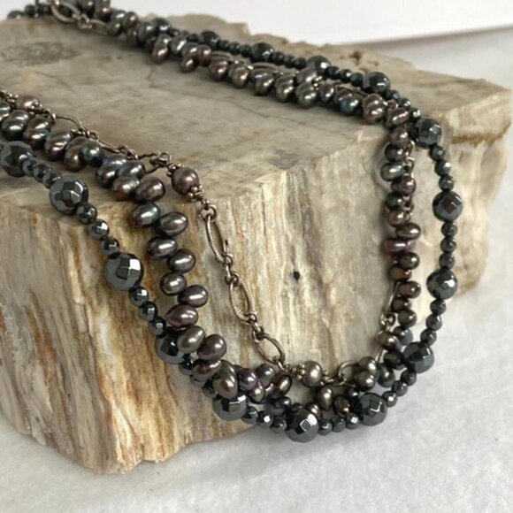 Sterling Silver 925 Triple Strand Peacock Pearl Hematite & Chain Necklace 17.5" - Picture 3 of 16